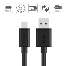 UNITEK USB KABELAS USB-A — USB-C 25CM, Y-C480BK