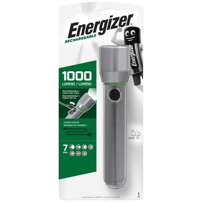 Energizer Metal Vision HD įkraunamas LED rankinis žibintuvėlis 1000 LM, USB įkrovimas