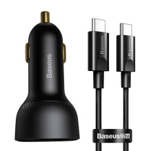 Automobilinis įkroviklis Baseus Superme, USB, USB-C, 100W + USB-C laidas (juodas)