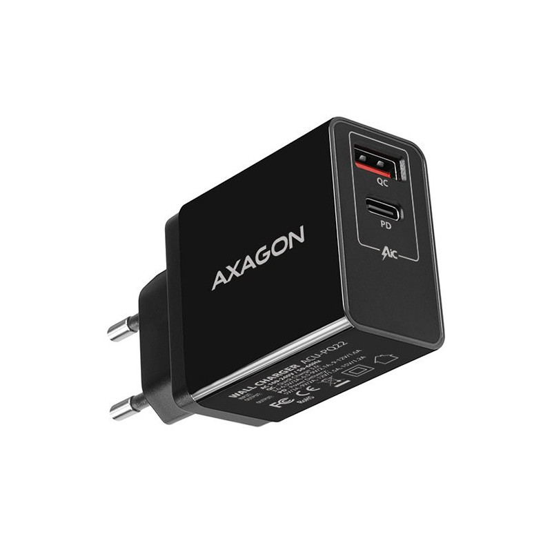 AXAGON ACU-PQ22 wall charger QC3.0/ AFC/ FCP + PD type-C, 22W, black