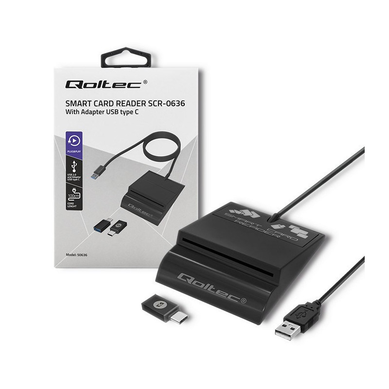 Qoltec 50636 Intelligent Smart ID chip card reader SCR-0636 , USB type C