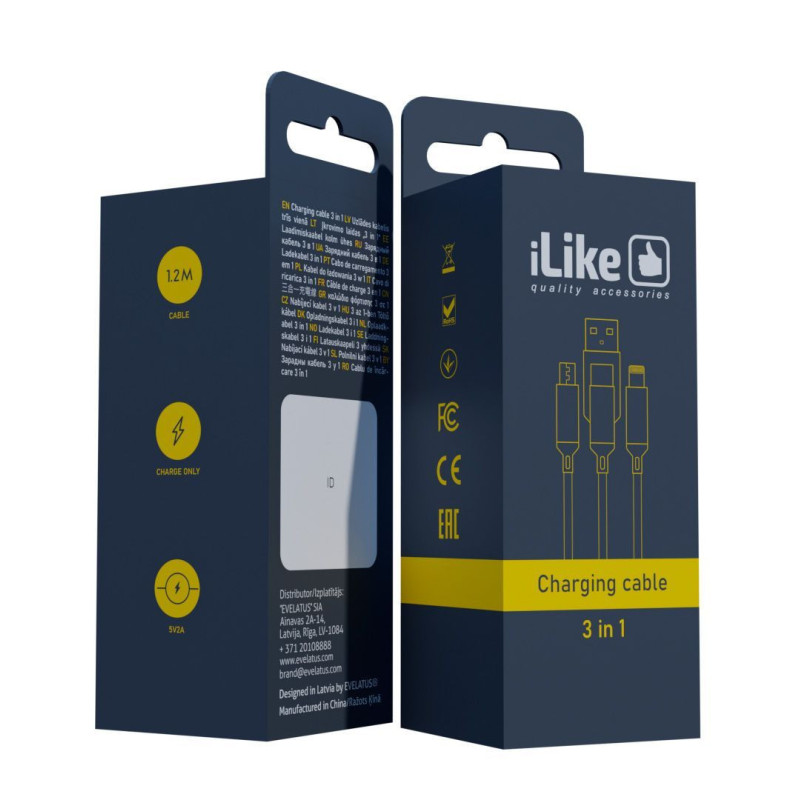 iLike Charging Cable 3 in 1, USB, Type C, Lightning, CCI02 Black