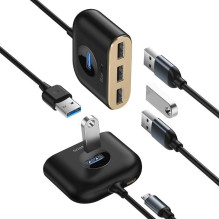 Keturi viename „Baseus Square Round“ USB adapteris, HUB USB 3.0 iki 1x USB 3.0 + 3x USB 2.0, 1 m juodas