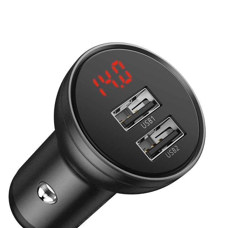 Baseus car charger with display, 2x USB, 4.8A, 24W (gray)
