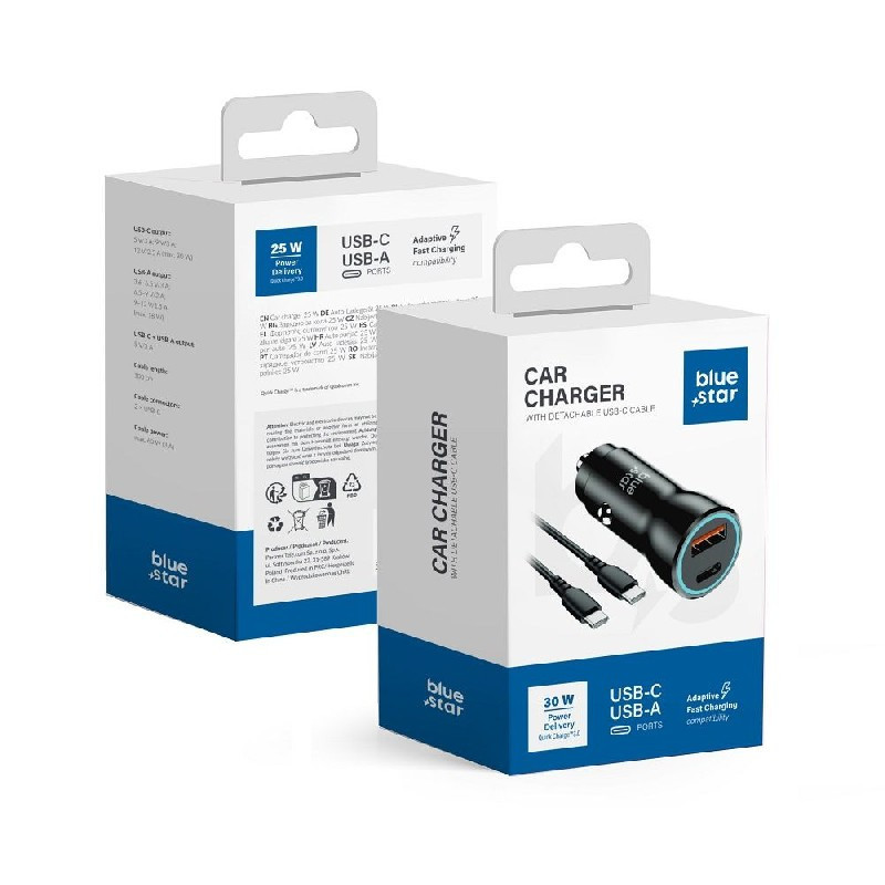 Car charger Blue Star (1xUSB-C QC 3.0 30W) + cable &quot;USB-C(Type-C) to USB-C(Type-C)&quot; black