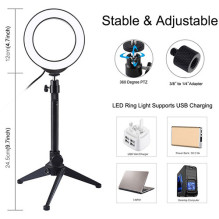 LED žiedinė lempa 12cm, su trikoju staliniu stovu iki 24.5cm, USB, RGBW