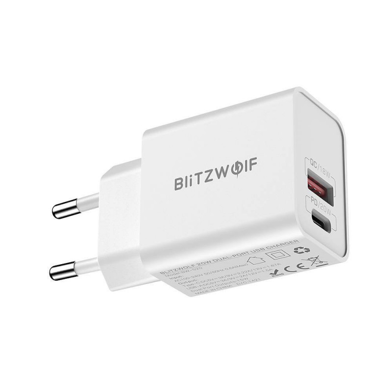 Sieninis įkroviklis Blitzwolf BW-S20, USB, USB-C, 20 W (balta)