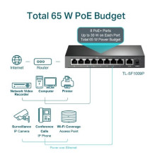 Jungiklis, TP-LINK, TL-SF1009P, darbalaukis / stovas, 9x10Base-T / 100Base-TX, PoE+ prievadai 8, TL-SF1009P