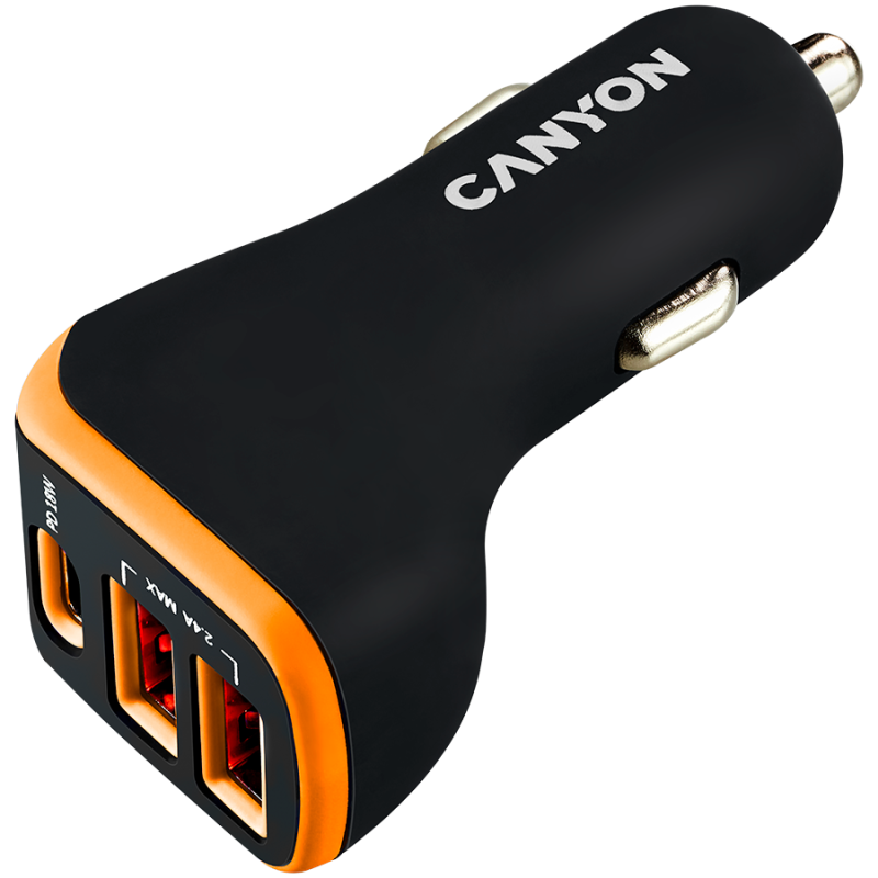 CANYON car charger C-08 PD 18W USB-C 2USB-A Black Orange