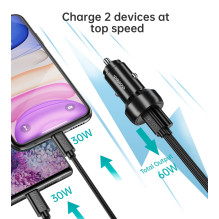 Automobilinis įkroviklis Choetech TC0014 USB-C / USB-A 60W juodas