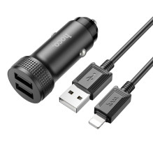 Automobilinis įkroviklis Hoco Z49 2xUSB-A + Lightning juodas