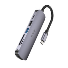 Adapteris Hoco HB28 Type-C Multi-Function Converter HDMI+USB3.0+USB2.0+SD+TF+PD pilkas