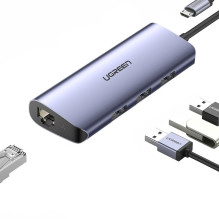 Adapteris Ugreen CM252 USB-C to 3xUSB-A + RJ45 (MicroUSB Power Supply) pilkas