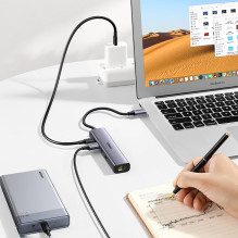 Adapteris Ugreen CM475 USB-C to USB-C + 3xUSB-A + RJ45 pilkas