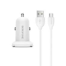 Automobilinis įkroviklis Borofone BZ12 USB + microUSB (2.4A) baltas