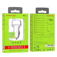 Automobilinis įkroviklis Borofone BZ14A PD20W+QC3.0 su 2 USB jungtimis baltas