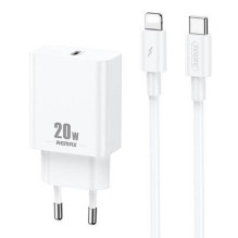 Sieninis įkroviklis Remax, RP-U5, USB-C, 20W (baltas) + Lightning laidas