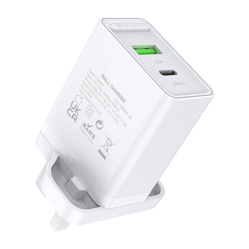 USB-A, USB-C Wall Charger Vention FBBW0-UK 18W / 20W UK White