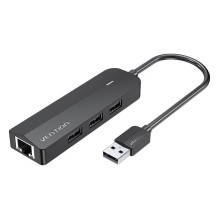 USB 2.0 3 prievadų šakotuvas su eterneto adapteriu 100 m ventiliacija CHPBB 0,15 m, juodas