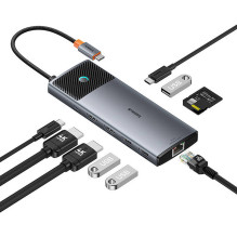 Adapter Hub 10in1 Baseus 2x HDMI, USB-C, 3xUSB-A+RJ45+SD / TF, PD (pilka)