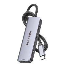 Lention 5in1 Hub USB-C iki 4x USB-C 5Gbps + USB-C 5V-IN 15W (pilka)