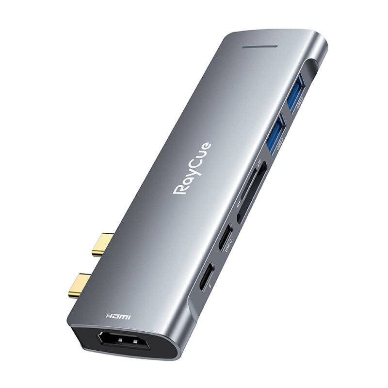 Hub 7w2 RayCue USB-C iki 2x USB-A 3.0 5Gbps + SD / TF 3.0 + USB-C+ HDMI 4K30Hz (pilka)