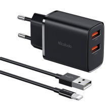 Mcdodo CH-5071 USB-A*2, 12W tinklo įkroviklis + USB-A iki žaibo kabelis (juodas)