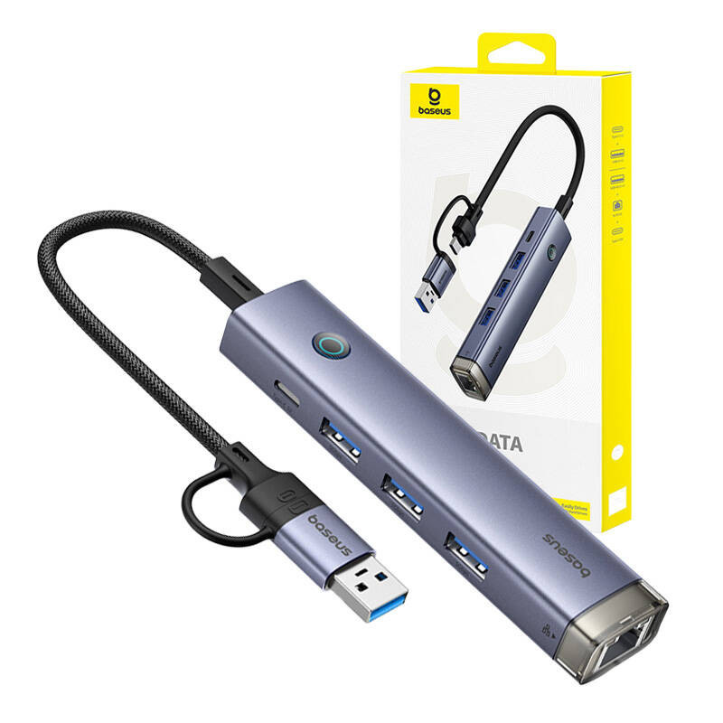 Hub 4in1 Baseus UltraJoy USB-A&amp;USB-C iki 3xUSB3.0+USB-C+RJ45 (pilka)