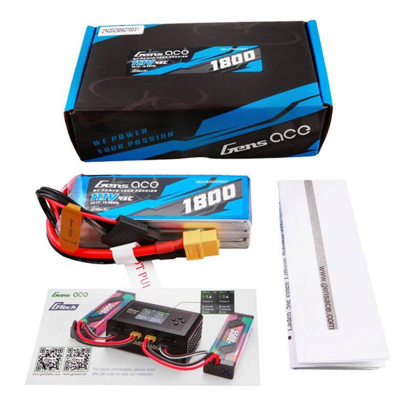 Gens ace G-Tech 1800mAh 11.1V 45C 3S1P Lipo Battery Pack with XT60 Plug