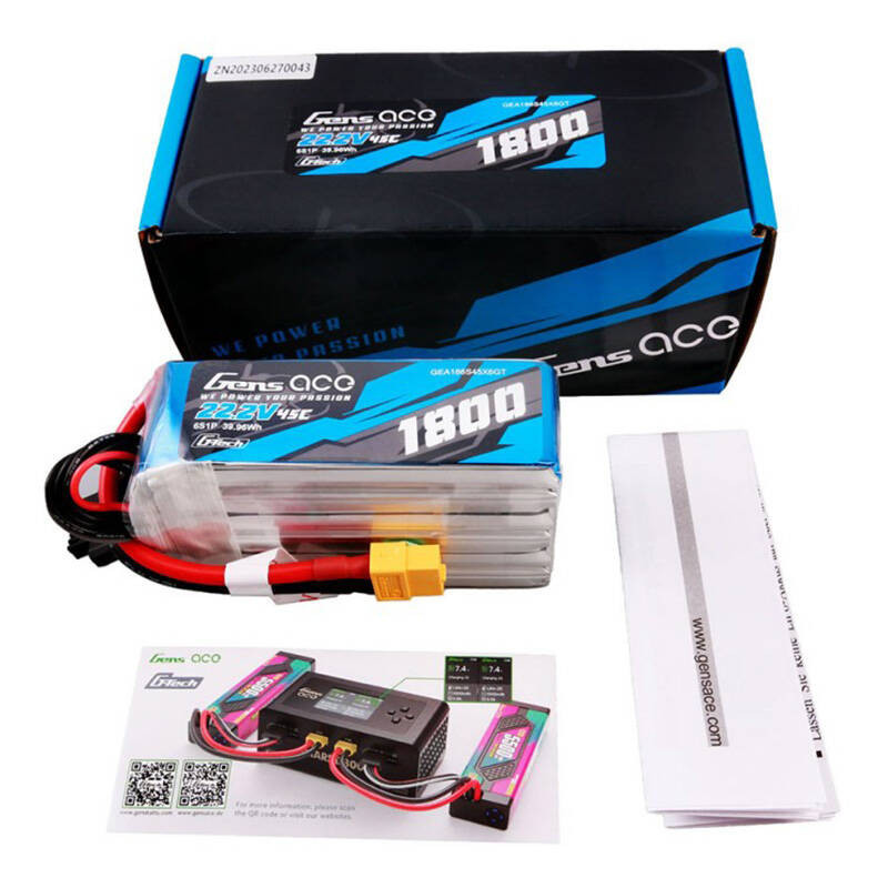 Gens ace G-Tech 1800mAh 22.2V 45C 6S1P Lipo Battery Pack with XT60 Plug