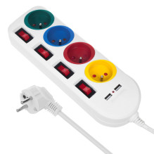 Maclean power strip, extender 4 sockets + 2xUSB, with switches, 250VAC / 10A, 2.1A 5V, 1.5m, white, MCE229 W