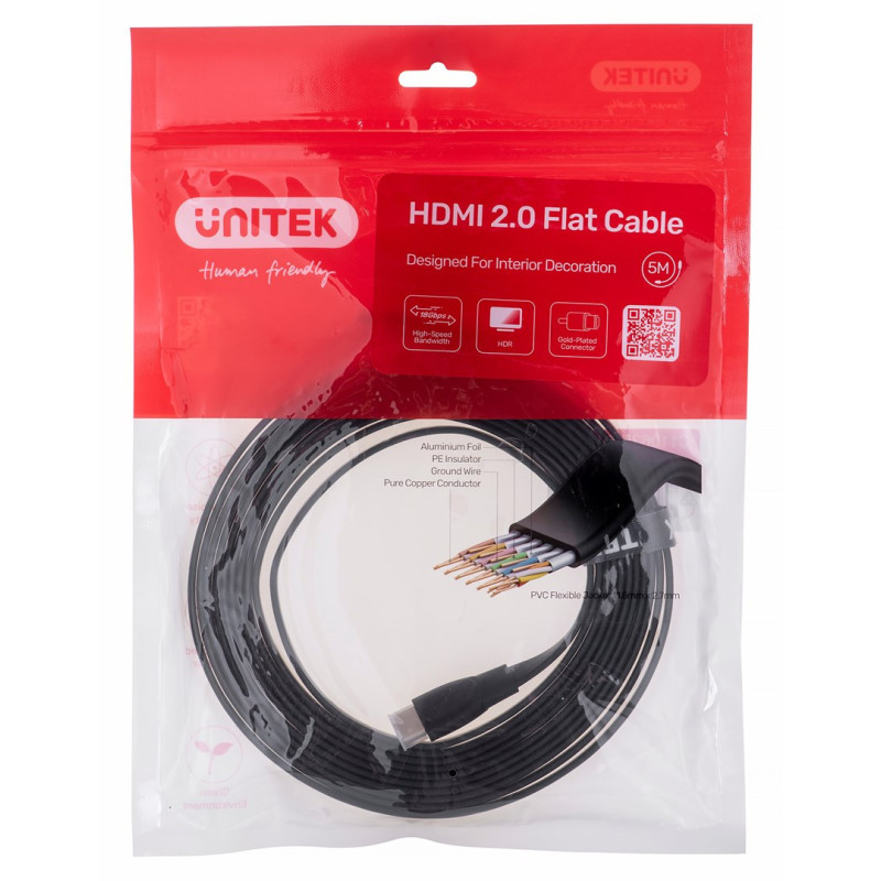 UNITEK 2.0 4K60HZ FLAT 5M C11063BK-5M - Kabel - Digital / Display / Video HDMI cable 5 m HDMI Type A (Standard) Black