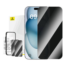 Privacy Tempered Glass Baseus Superior, skirtas iPhone 15 + 2x valymo rinkiniui ir EasyStick (skaidrus)