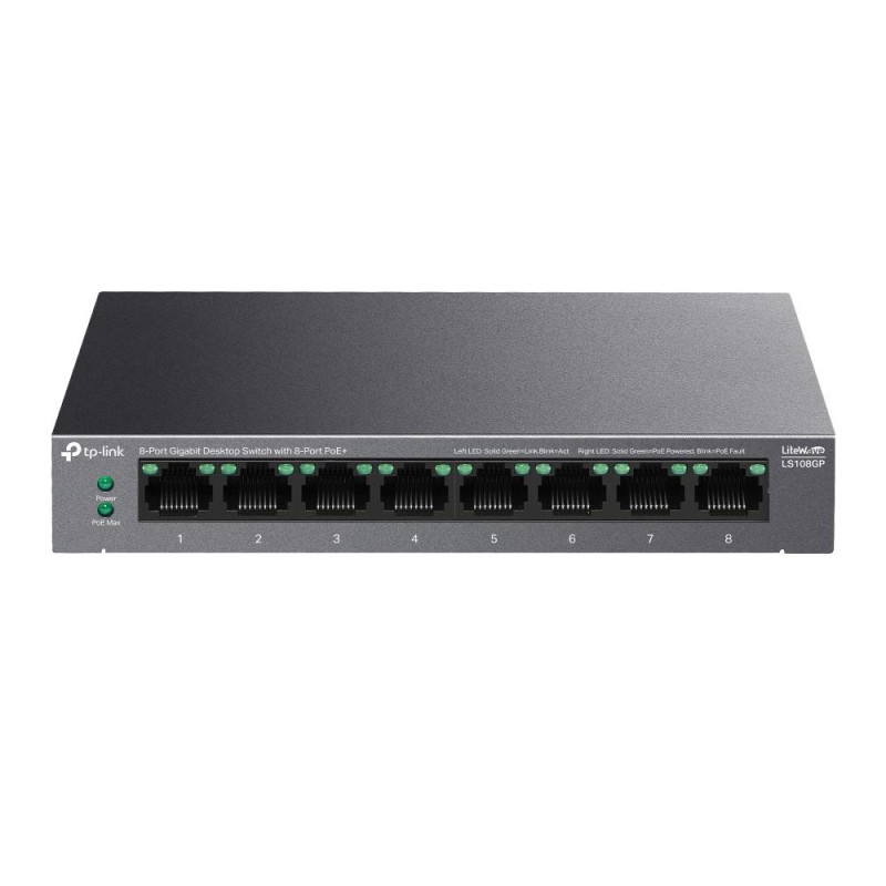 Jungiklis, TP-LINK, LS108GP, darbalaukis / pjedestalis, 8x10Base-T / 100Base-TX / 1000Base-T, PoE+ prievadai 8, LS108GP