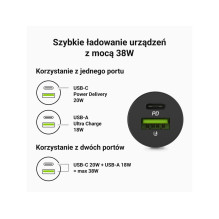 Green Cell GC CADM-GC-38AC – USB-Ladegeraet 38 W 1x USB-C USB-A schwarz žibintuvėlis, GPS, ausinės, mobilusis telefonas,