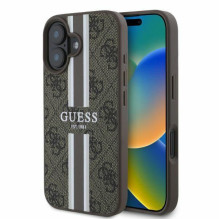 Guess Guess 4G spausdintos juostelės MagSafe iPhone 16 dėklas – rudas