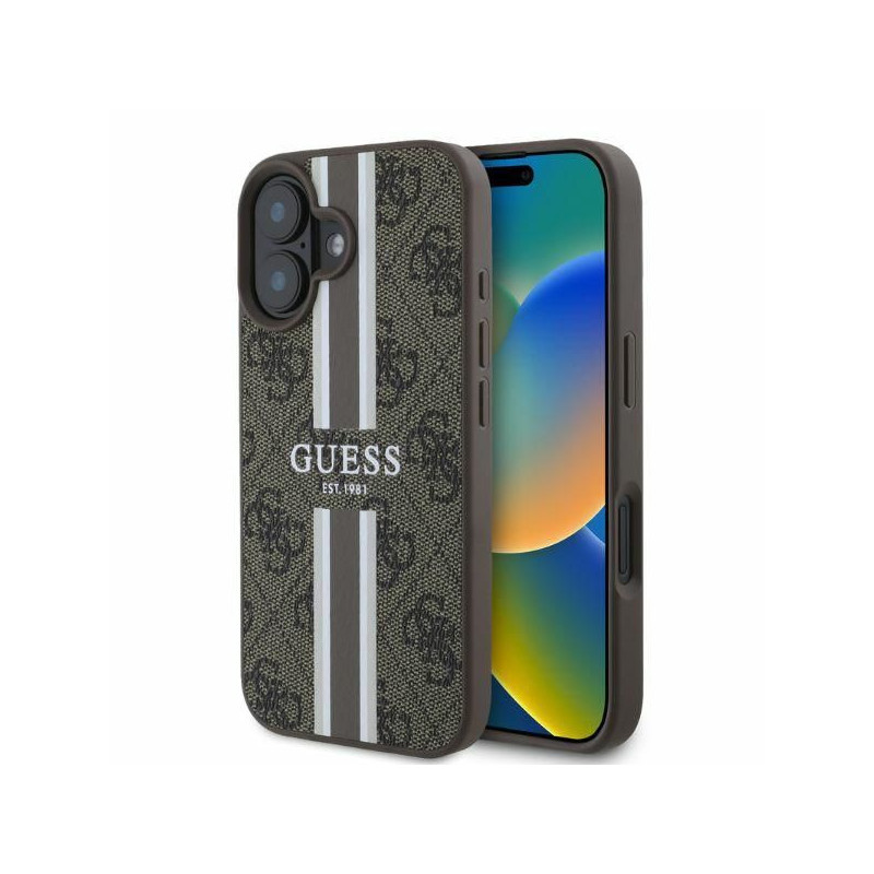 Guess Guess 4G spausdintos juostelės MagSafe iPhone 16 dėklas – rudas