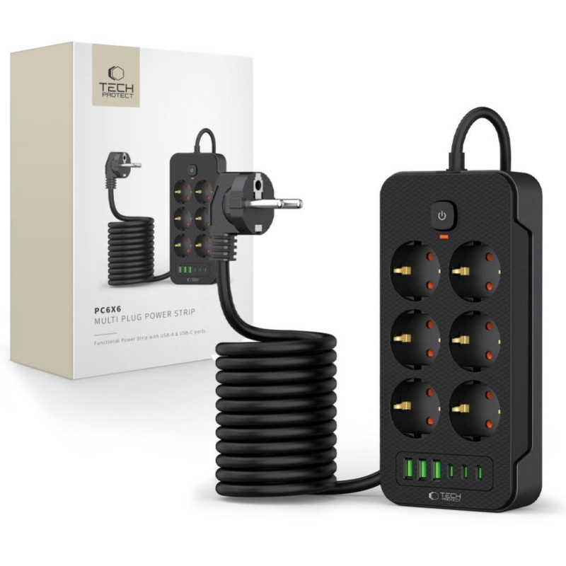 Tech-Protect Tech-Protect PC6X6 Power Strip 6 Sockets 240V + 3xUSB-A + 3xUSB-C 200cm - Black