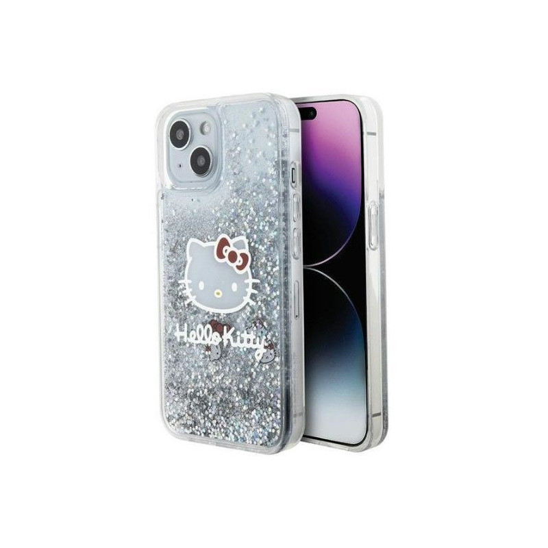 Hello Kitty Apple iPhone 15 6.1 kietas dėklas Liquid Glitter Charms Kitty Hea Permatomas sidabras