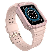 Hurtel Protect Strap Band with Case for Apple Watch 7 / SE (45 / 44 / 42mm) Case Armored Watch Cover Pink