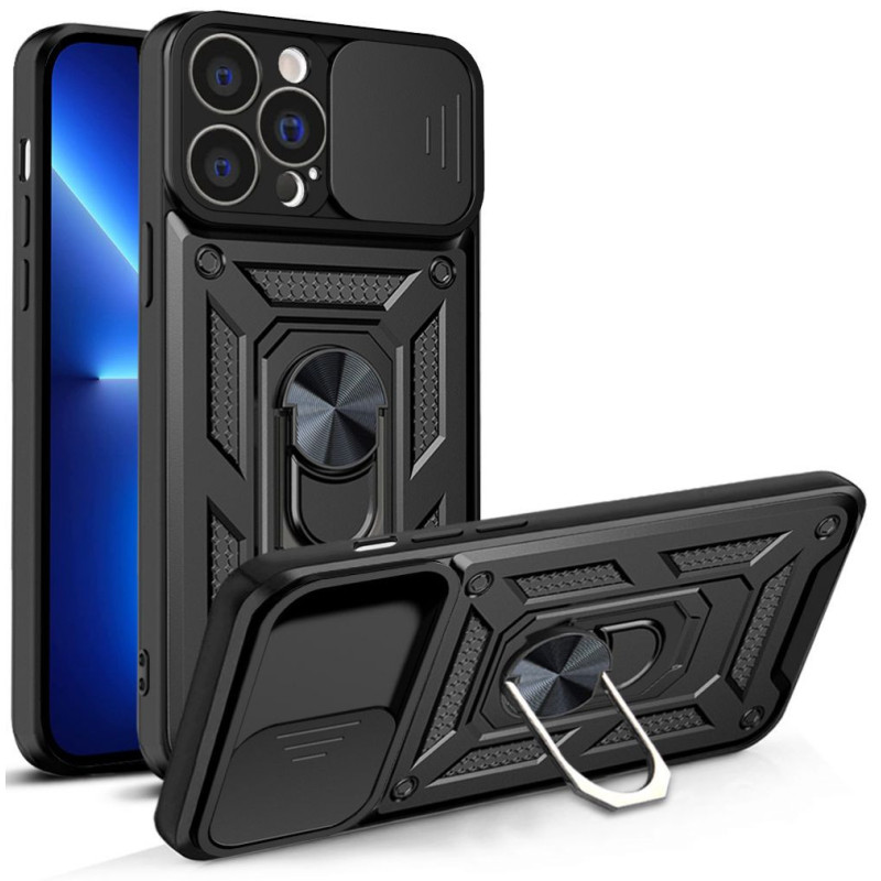 Hurtel Hybrid Armor Camshield dėklas iPhone 13 Pro šarvuotas dėklas su fotoaparato dangteliu juodos spalvos