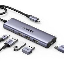 Ugreen daugiafunkcis HUB 5in1 USB-C – HDMI 1.4 / 3 x USB-A / USB-C PD 100W Ugreen CM511 – pilkas