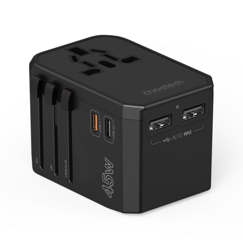 Choetech Choetech PD6045 USB-C USB-A 45W GaN Travel Charger with US EU UK AU Plugs - Black