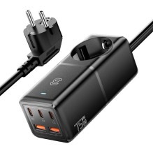 Sieninis įkroviklis, Essager, ECTAC-BRB01-Z, GaN, 3xUSB-C, 2xUSB-A, Gniazdko AC, 75W (juoda)