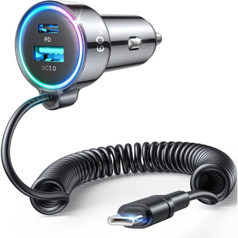 Joyroom Joyroom 3 in 1 fast car charger with USB Type C cable 1.6m 60W black (JR-CL07)