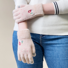 Women's winter telephone gloves with a snowman and a Christmas tree - beige