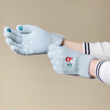 Women's winter telephone gloves with a snowman and a Christmas tree - green