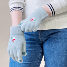 Women's winter telephone gloves with a snowman and a Christmas tree - green