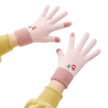 Women's winter telephone gloves with a snowman and a Christmas tree - pink