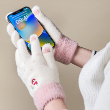 Women's winter telephone gloves with a snowman and a Christmas tree - white and pink